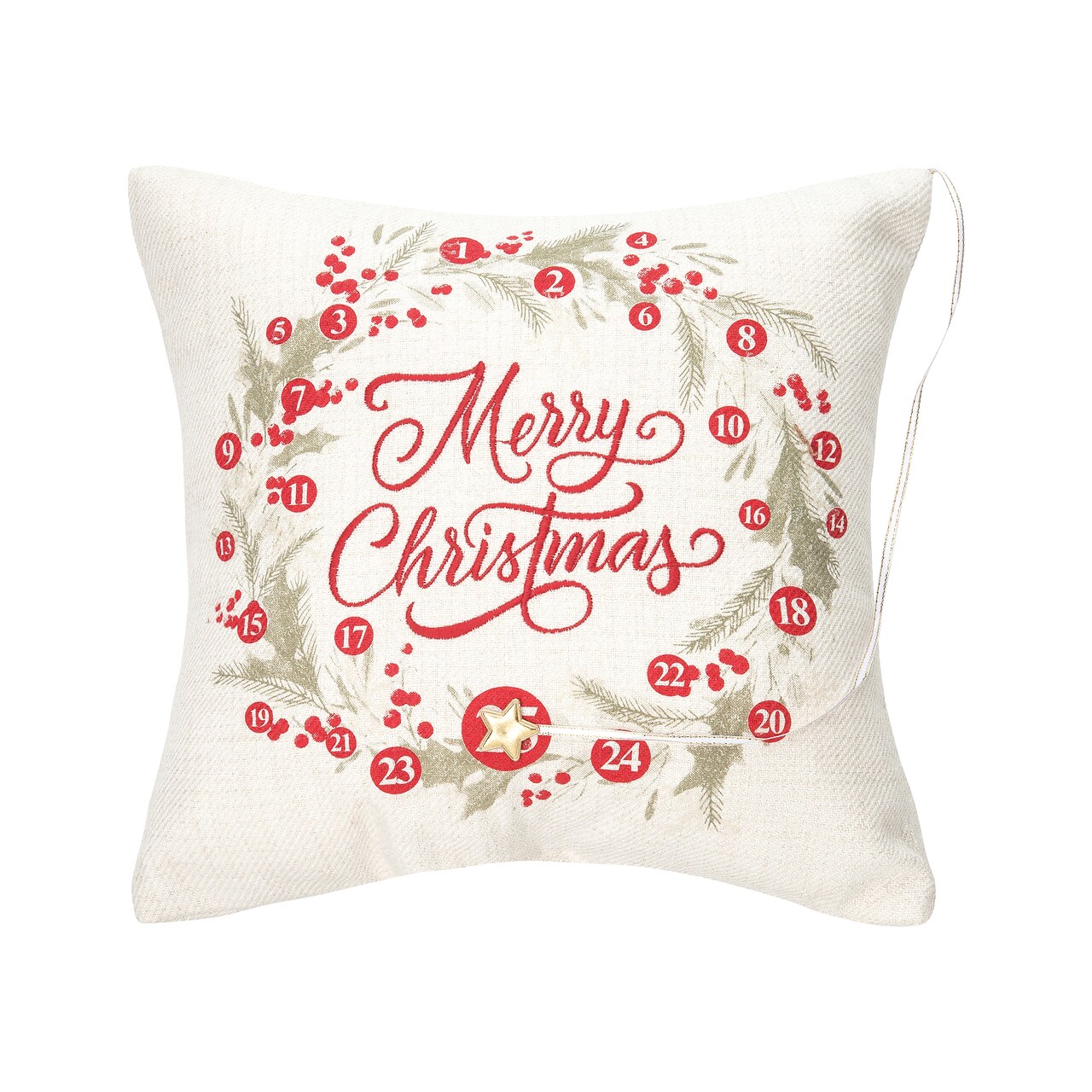 "Merry Christmas" Wreath Mini Advent Calendar Accent Pillow 13.5" x 13.5"